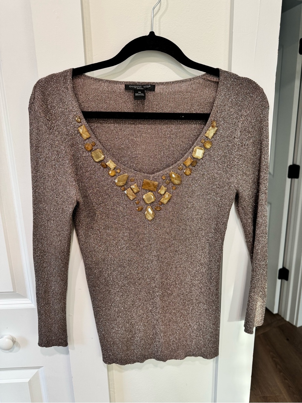 august silk Metallic Brown Long Sleeve V-Neck Top with Gold Jewel Trim